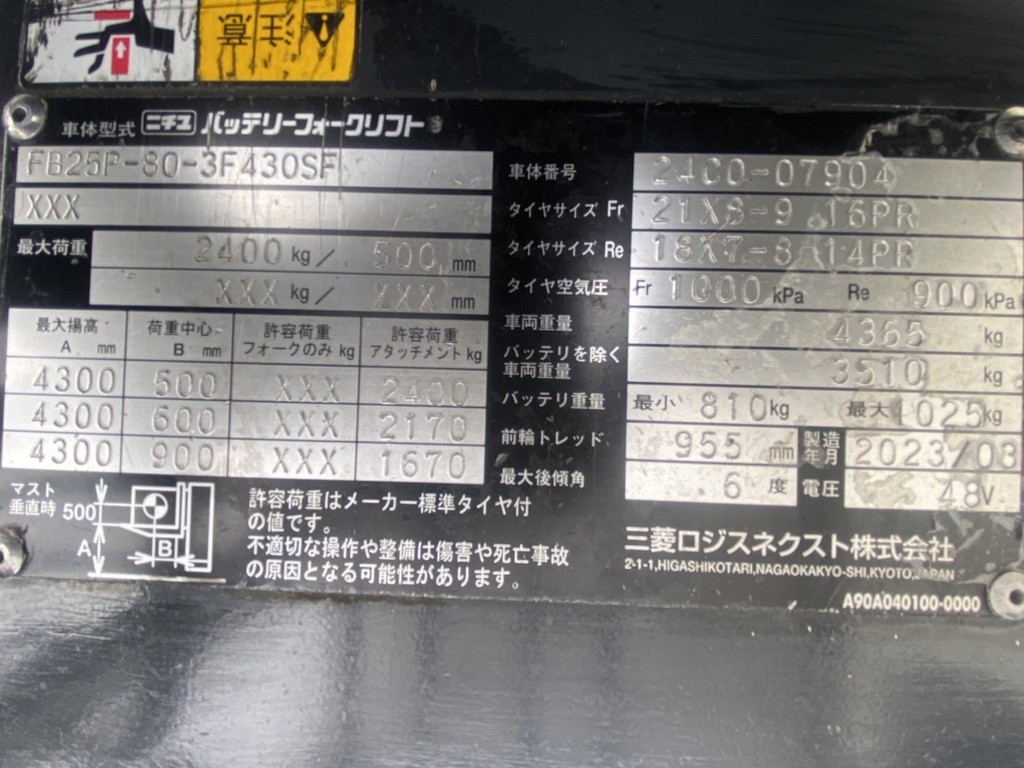 ニチユ中古フォークリフト【FB25P-80-3F430SF】［No.207］屋内作業に