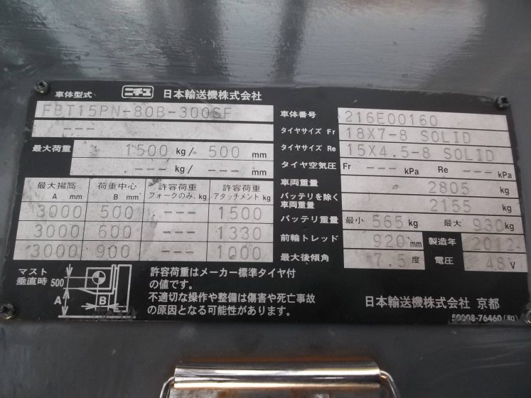 ニチユ NCHIYU 中古フォークリフト forklift バッテリーカウンター3輪タイプ サイドシフト 2012年式