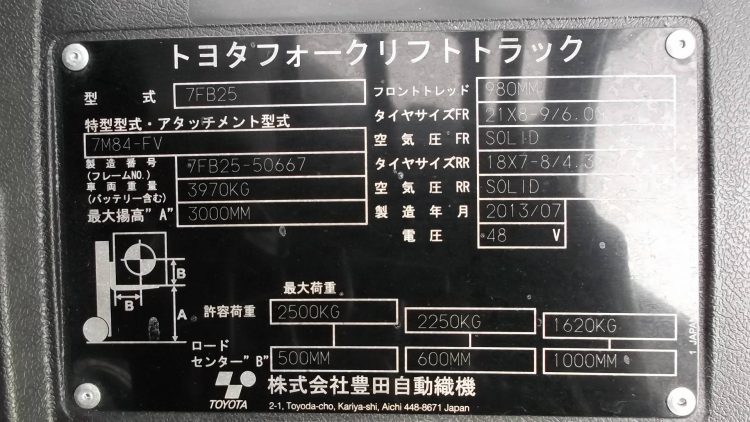 トヨタ Toyota 中古フォークリフト forklift バッテリーカウンター 2013年式 2段フルフリー3Mマスト